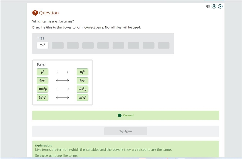 Which terms are like terms? Drag the tiles to the boxes to form correct pairs. Not-example-1