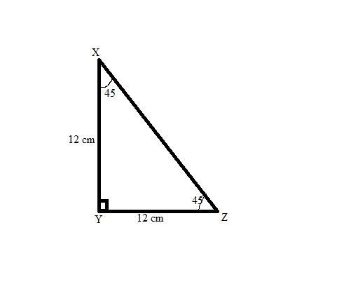 Each leg of a 45°-45°-90° triangle measures 12 cm. Triangle X Y Z is shown. Angle-example-1