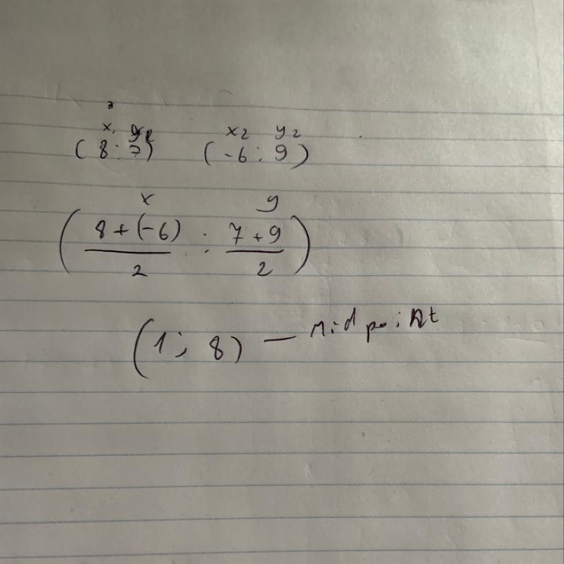 Find the midpoint of the segment with the given endpoints. (8,7) and (-6,9)-example-1