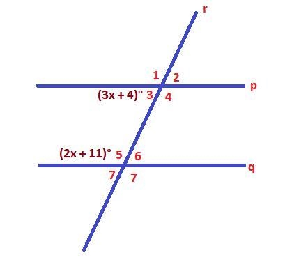 Parallel lines p and q are cut by transversal r. On line p where it intersects with-example-1