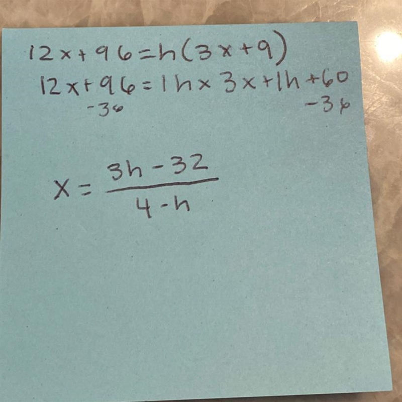 12x+96=h(3x+9) I need this before 4:50 pleaseee help!!-example-1