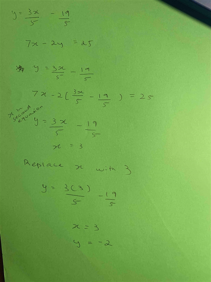 Find the point of intersection of the lines 7x-2y=25 and 5y=3x-19, then find the value-example-1