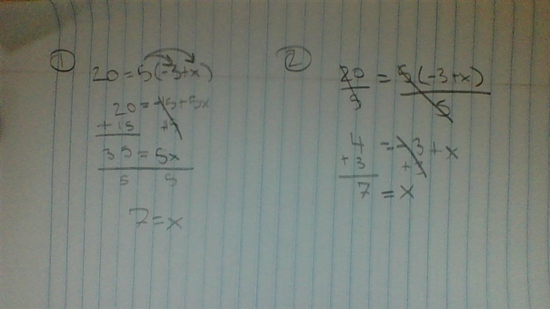 Explain two ways you could solve 20 = 5(−3 + x-example-1