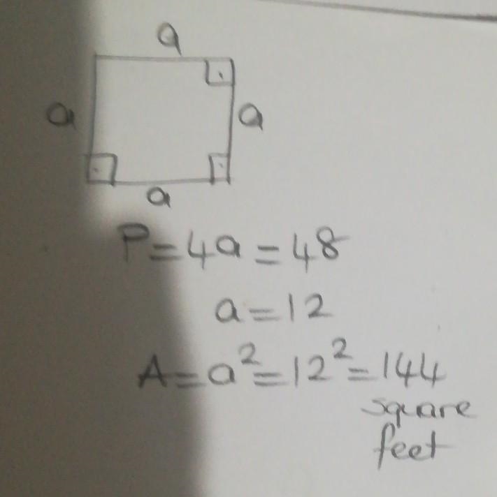 The perimeter of the square kitchen floor measures 48 feet. What is the area of the-example-1