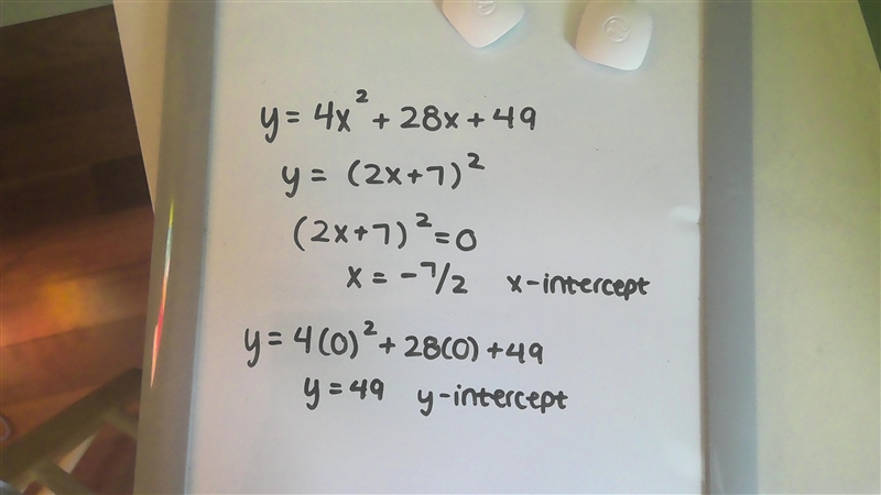 Which statements describe the graph of y = 4x2 + 28x + 49? Check all that apply. The-example-1