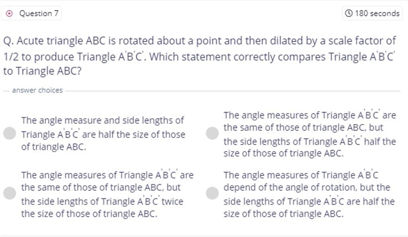 An acute ∆ABC is rotated about a point and then dilated by a scale factor of 0.5 to-example-1