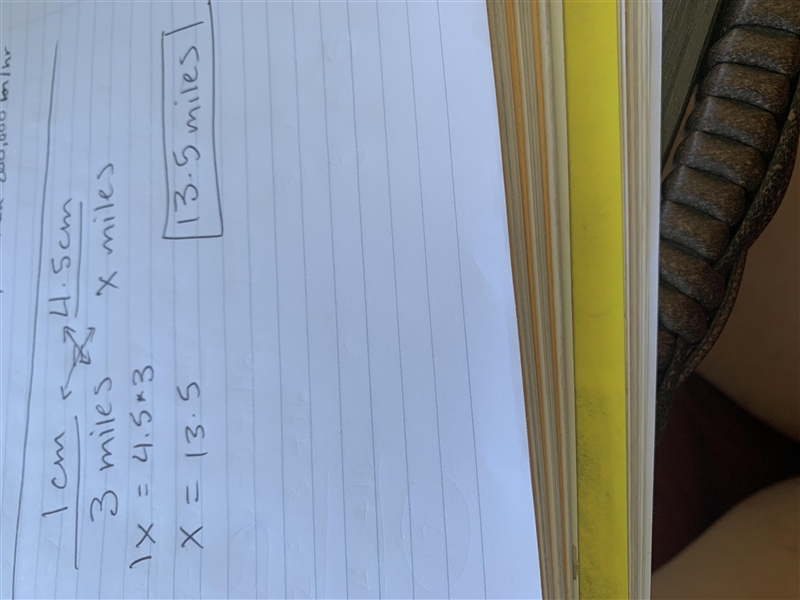 The map scale is 1 cm = 3 miles. If the distance between my house and school is 4.5 cm-example-1