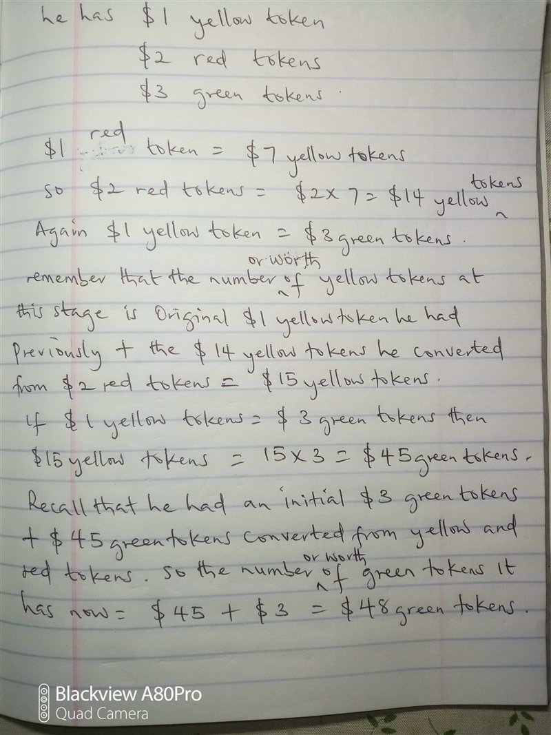 In Greg's that, he has $1$ yellow, $2$ red, and $3$ green tokens. One red token is-example-1