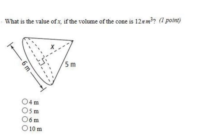 What is the value of x if the volume of the cone is 12 pi m3-example-1