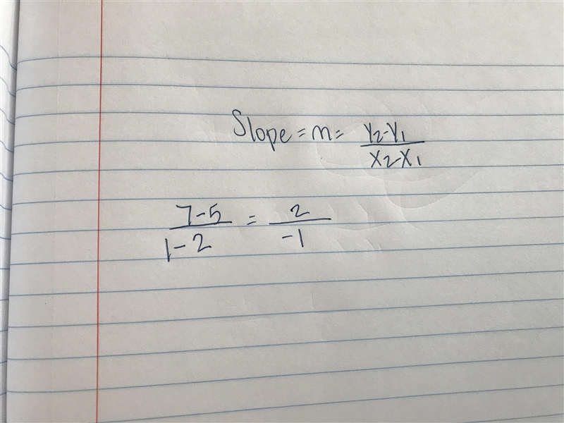 Find the slope of a line that passes through (-2,5) and (1,7).-example-1