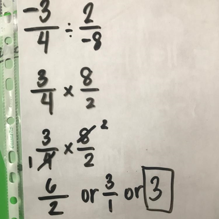 Simplify negative 3 over 4 divided by 2 over negative 8 . (1 point) −6 −3 3 6-example-1