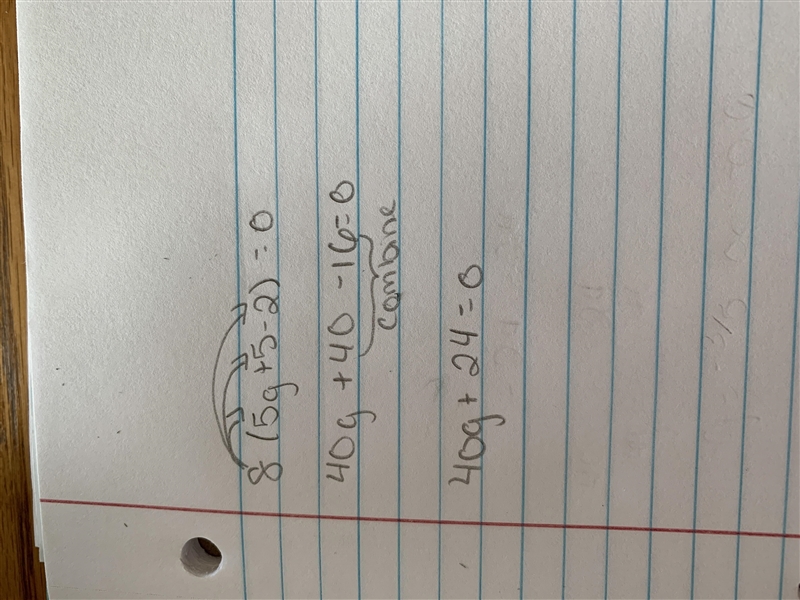 Use the Distributive Property to simplify the expression. 8(5g+5−2) =-example-1