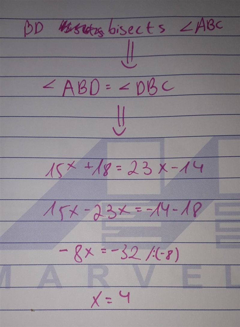 BD bisects /ABC. Find the value of x.-example-1