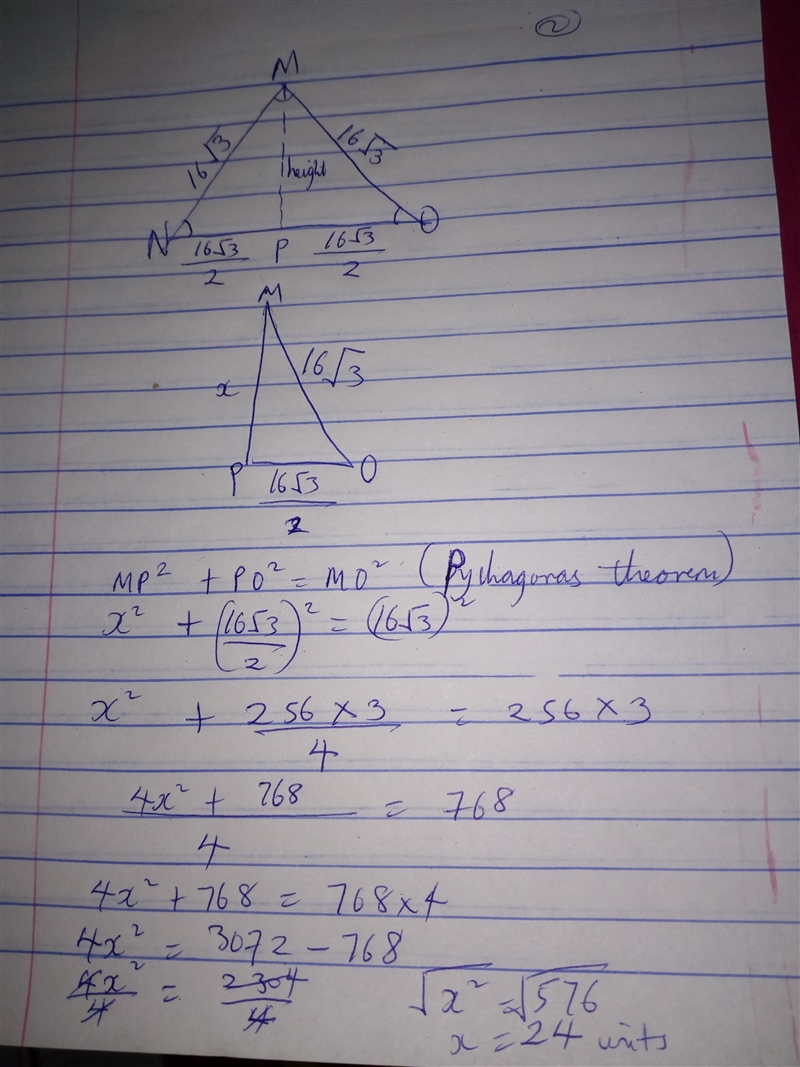 Triangle MNO is an equilateral triangle with sides measuring units. What is the height-example-1