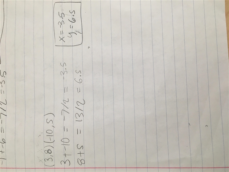 Find the midpoint between (3,8) and (-10,5)-example-1