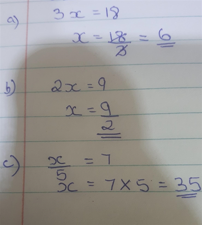 Please help with these questions !! what is 3x = 18 2x = 9 x divided by 5 = 7 x divided-example-1