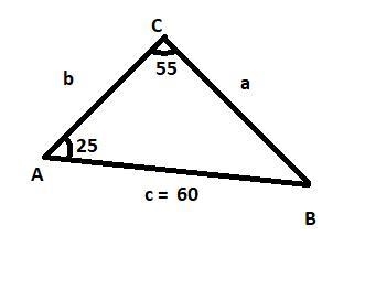 In triangle ABC, A=25, c=55 and AB=60. What are the approximate measures of the remaining-example-1