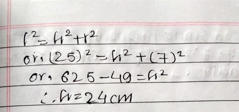 The CSA of a cone is 550 cm square & its slant height 25cm Find the height of-example-1