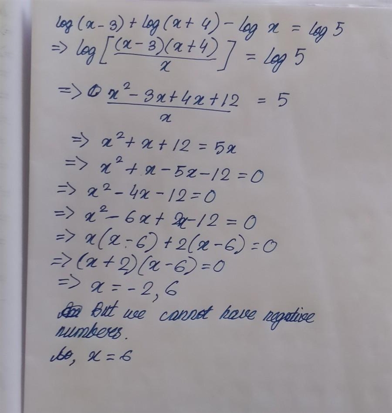 Log(x - 3) + log(x + 4) – log x = log 5-example-1