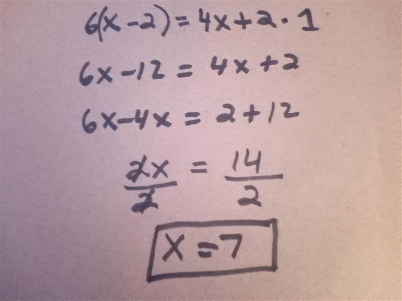 Solve for x in this linear equation: 6(x-2) = 4x + 2 * 1 point x = 3 x = 7 x = 12 x-example-1