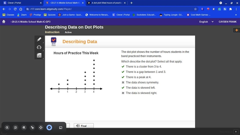 A dot plot titled hours of practice this week going from 0 to 4. 0 has 1 dot, 1 has-example-1