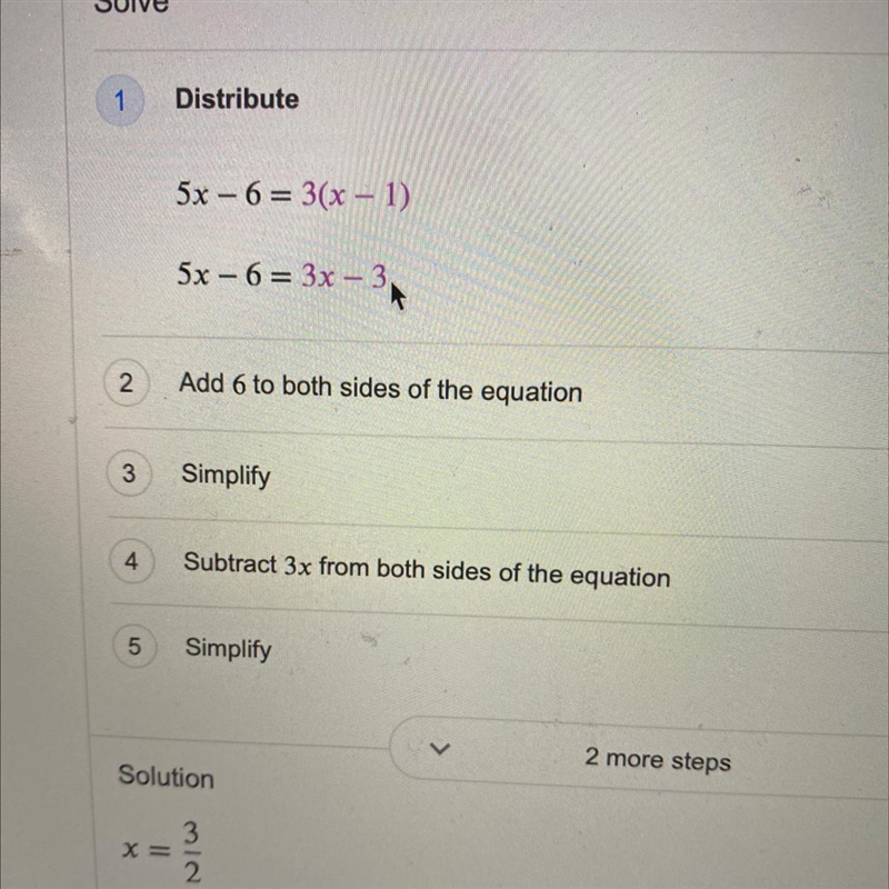 Solve 5x - 6 = 3(x - 1)-example-1