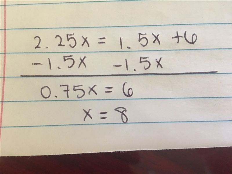 2.25x = 1.5x + 6 What is the value of x-example-1