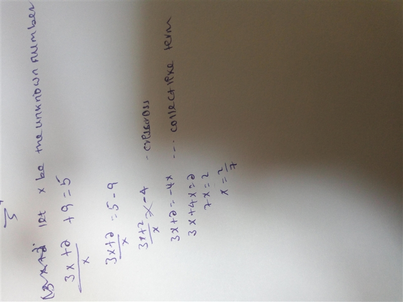 if 3 times a number added to 2 is divided by the number plus 9 the result is 5 halves-example-1