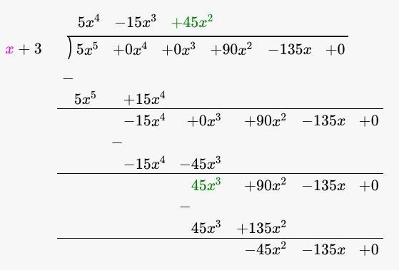 Use long division to find the quotient below (5x^5+90x^2-135x)(x+3)​-example-1