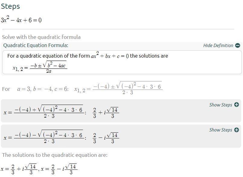 Solve this equation using the quadratic formula (preferably): 3x^2 - 4x + 6 = 0-example-1