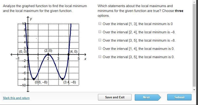 Which statements about the local maximums and minimums for the given function are-example-1