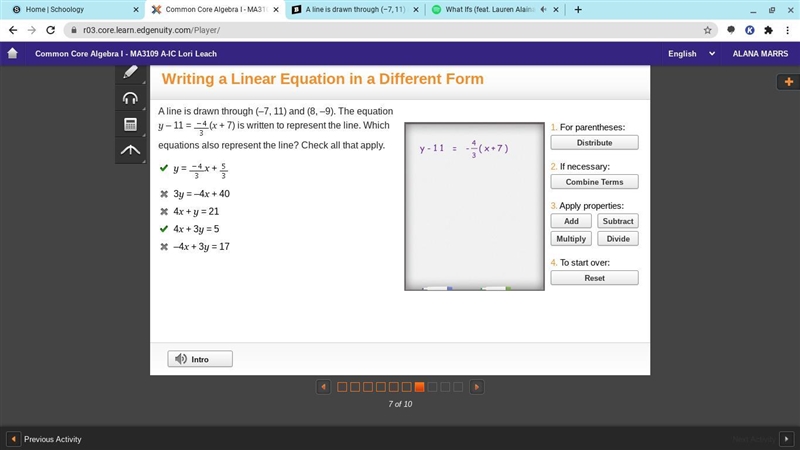 A line is drawn through (–7, 11) and (8, –9). The equation y – 11 = y minus 11 equals-example-1