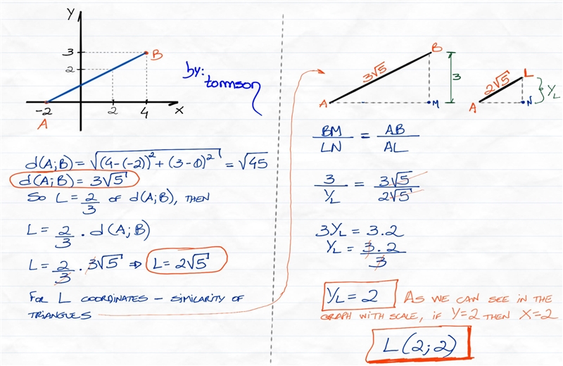 Find L on A (-2,0) and B(4,3) that is 2/3 of the distance from A to B. A. (0,1) B-example-1