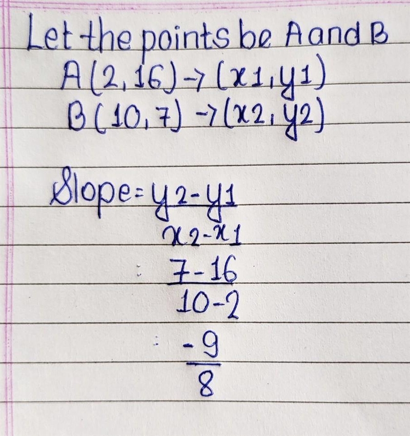 Find the slope of the line that passes through (2, 16) and (10, 7). Simplify your-example-1