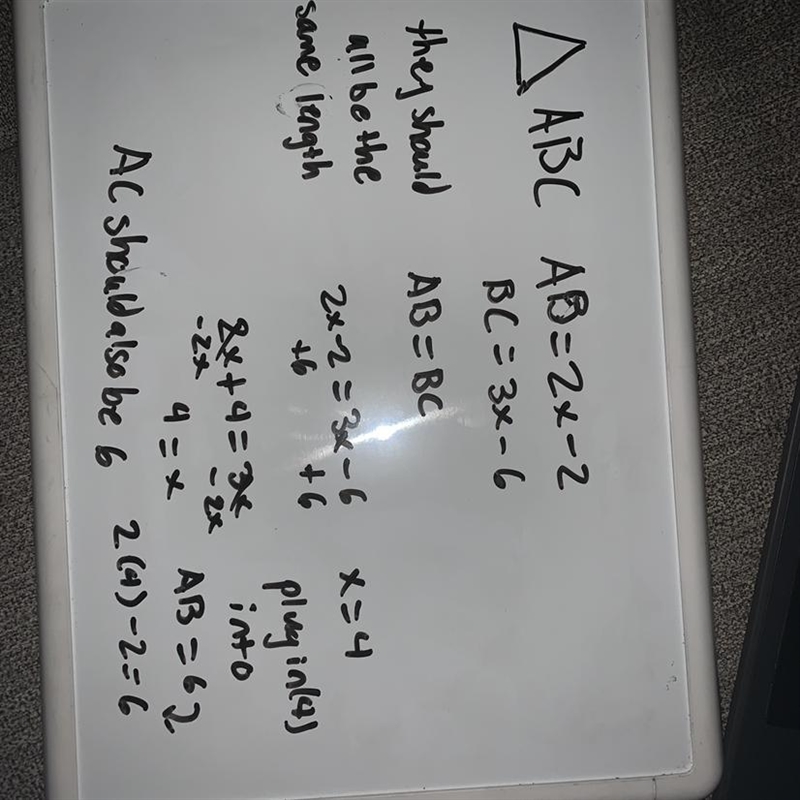 Two sides of an equilateral triangle, ABC, are AB = 2x – 2 and BC = 32 – 6.-example-1