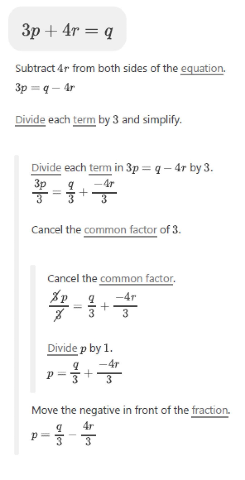 Solve for p in the Ilteral equation 3p + 4r = q. solve for p-example-1