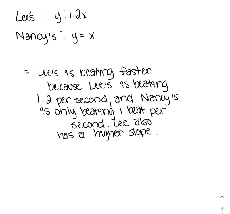 The equation y = 1.2x represents the rate, in beats per second, that Lee's heart beats-example-1