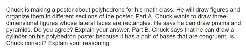 Chuck says that he can draw a cylinder on his polyhedron poster because it has a pair-example-1