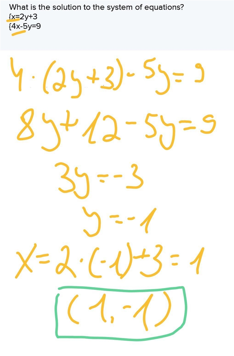 What is the solution to the system of equations? {x=2y+3 {4x-5y=9-example-1