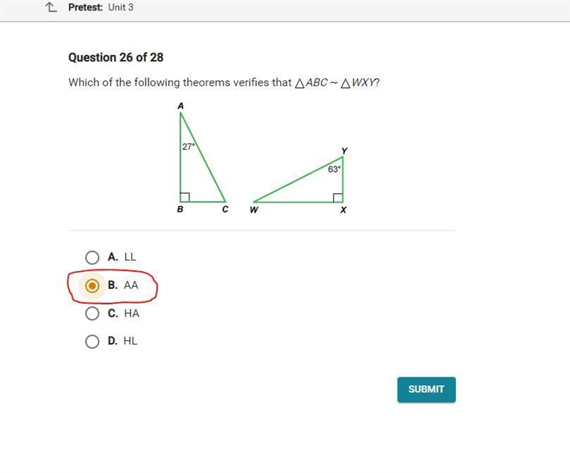 Which of the following theorems verifies that ABC~WXY?-example-1