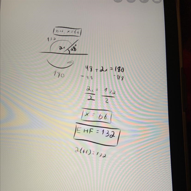 Write and solve an equation to find x and also find the measure of angle EHF.-example-1