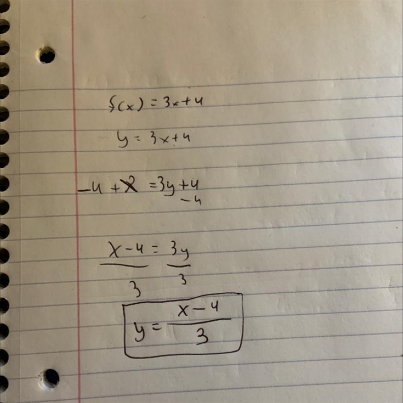 Find the inverse of the one-to-one function. y = 3x+4-example-1