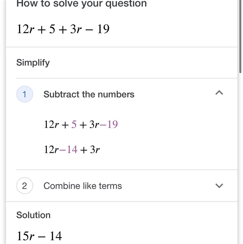 What is 12r + 5 + 3r - 19-example-1