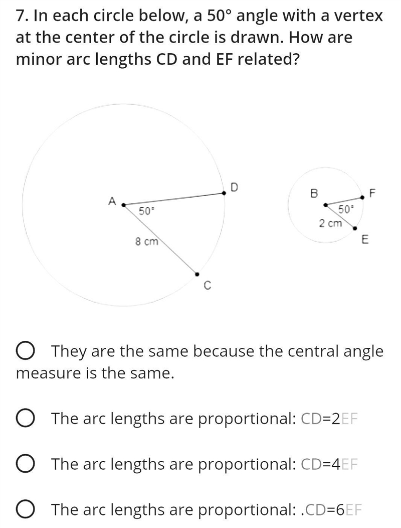 In each circle below a 50 degree angle with a vertex at the center of the circle is-example-1