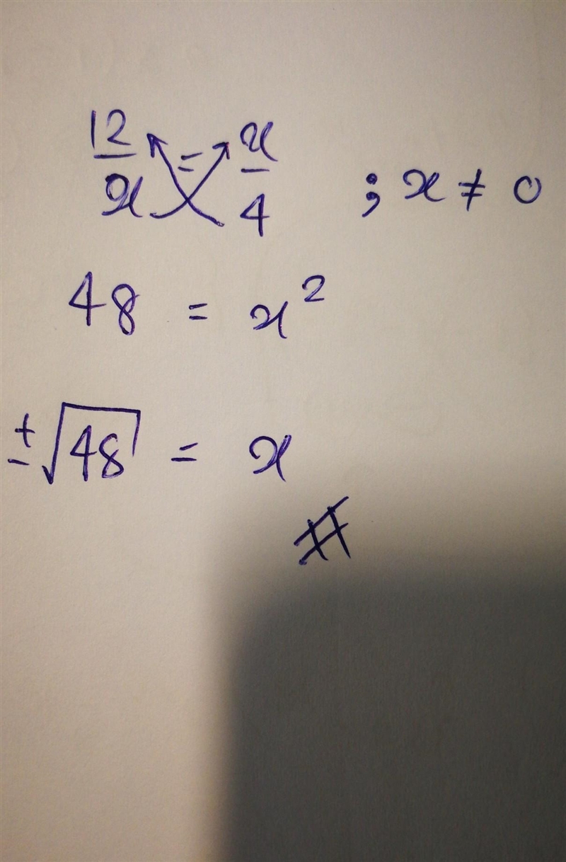 Solve the proportion 12/x=x/4 Please give step by step instructions!-example-1