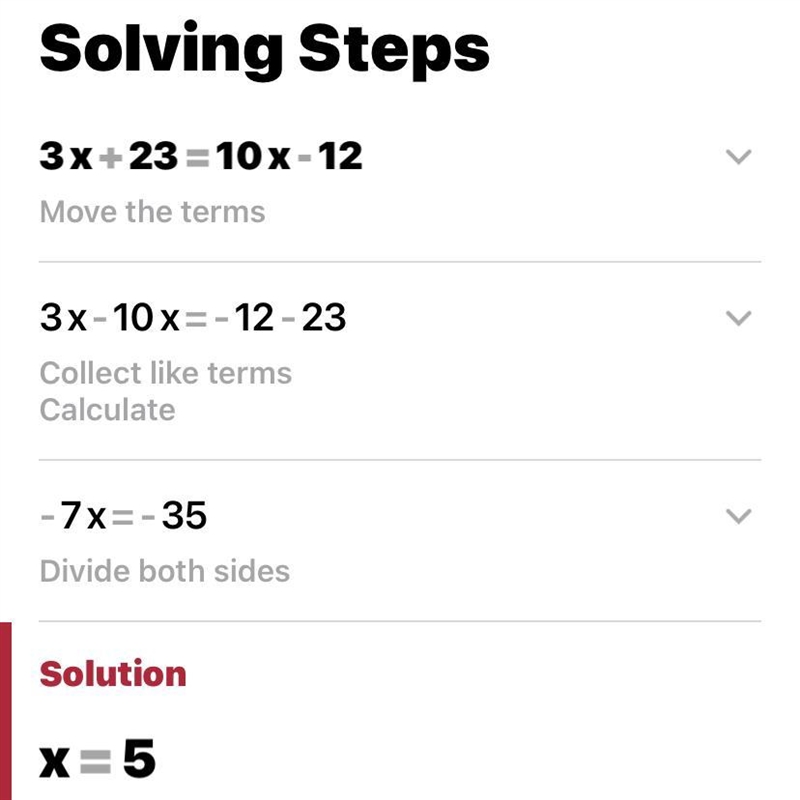 What does 3x + 23 = 10x - 12 equal-example-1