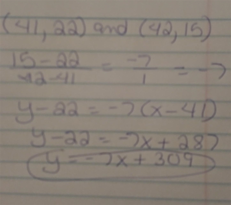 What is the slope of the line through (41,22) (42,15)-example-1