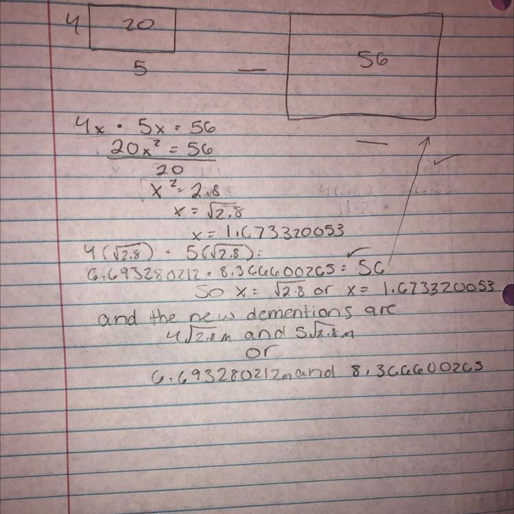 0.5 The dimensions of a rectangular garden wer 4 m by 5 m. Each dimension was increased-example-1