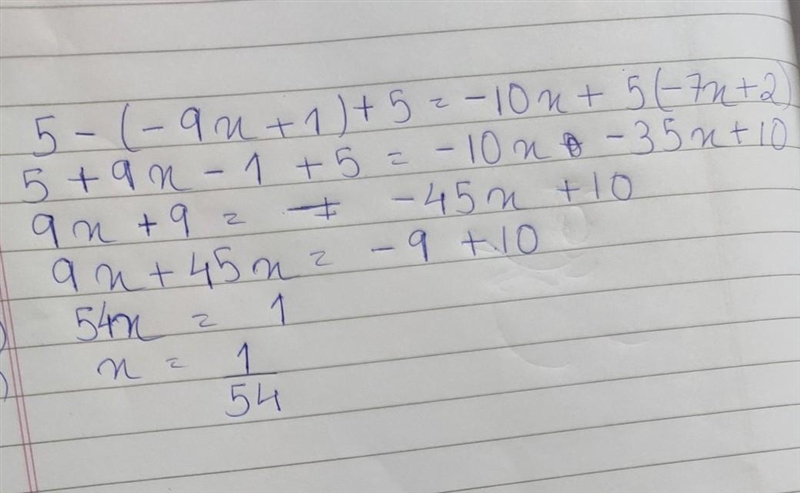 5(–9x + 1) + 5 = –10x + 5(–7x + 2)-example-1