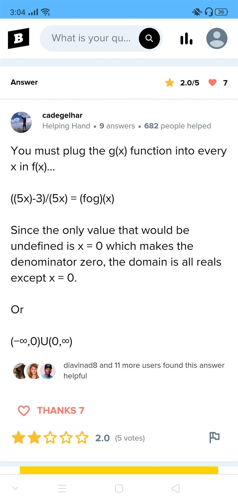 If f(x)=x-3/x and g(x) = 5x – 4, what is the domain of (f o g) (x)?-example-1